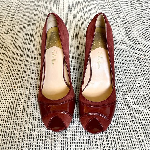 Cole Haan burgundy peep toe suede/patent pumps - Picture 4 of 6